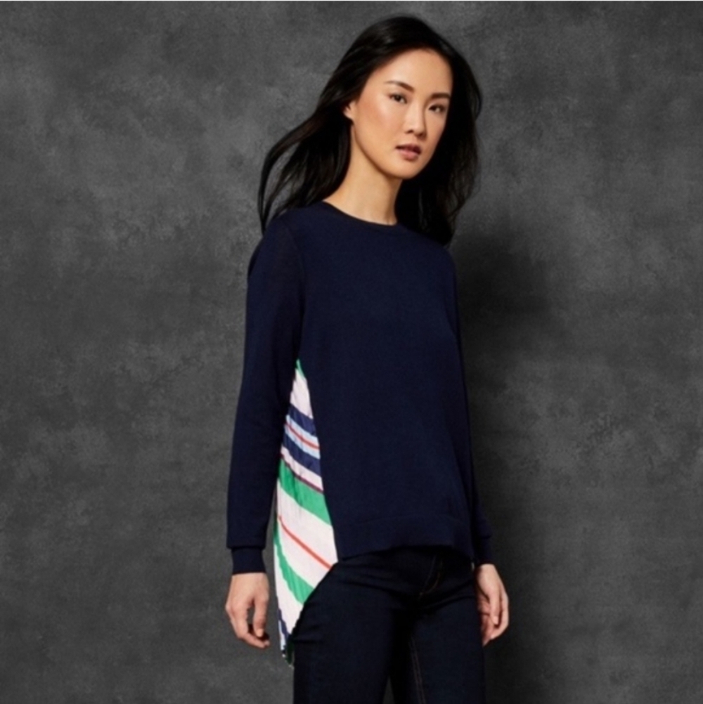 Ted Baker Jaymes Bay Of Honour Pleated Jumper Sweater Blue Cotton Silk 2 Medium